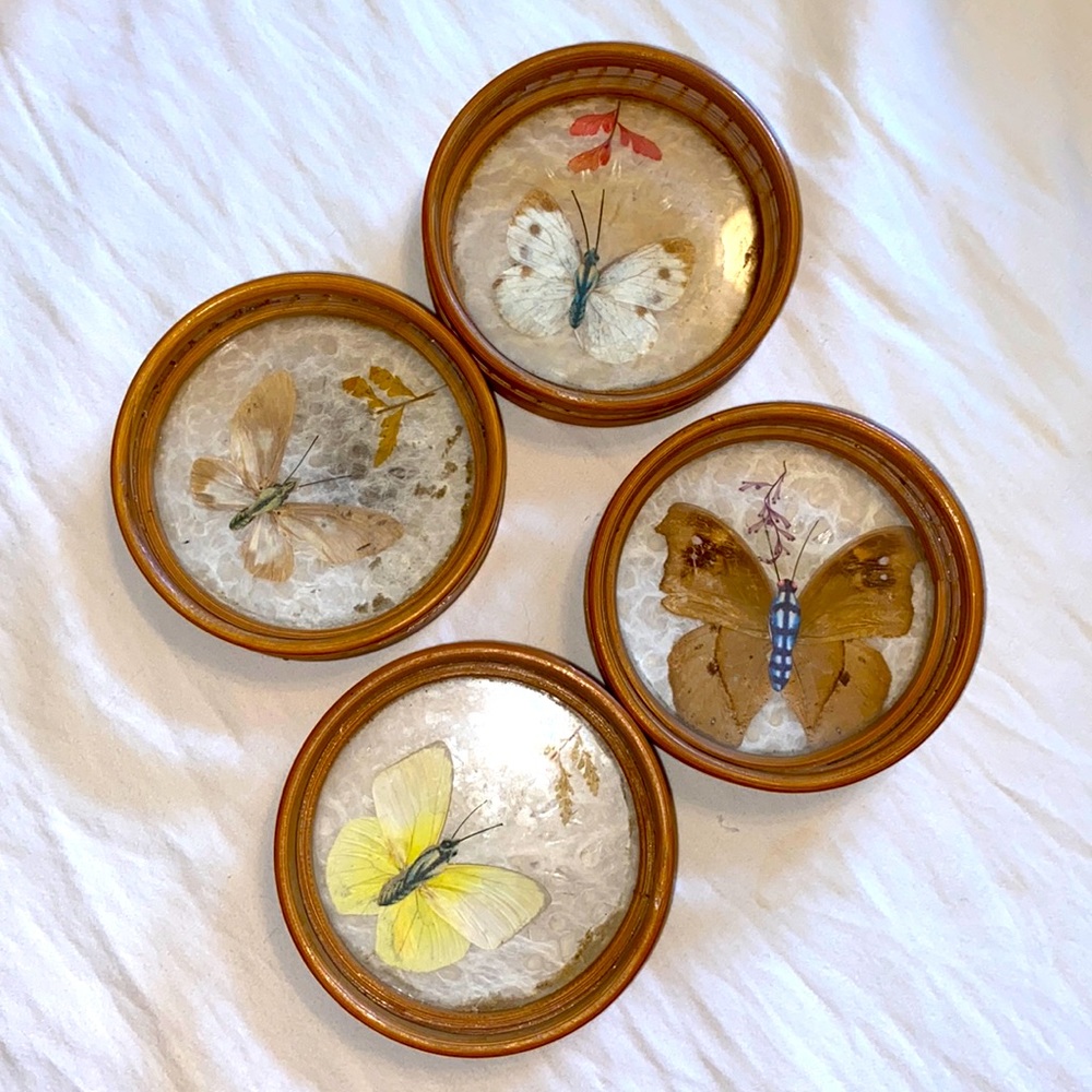 Vintage 1970s pressed butterfly drink coasters